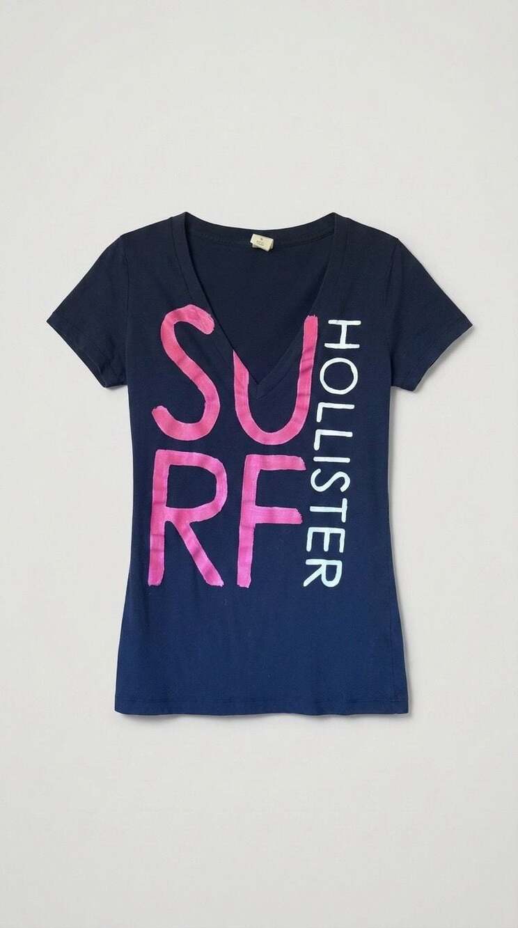 Y2K Hollister Navy Blue Surf Graphic V-Neck T-Shirt Size L